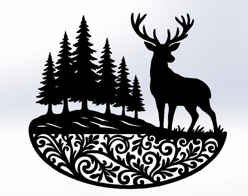 Deer with Pine Forest and Flowers – Line Art 3D Printable Nature Scene