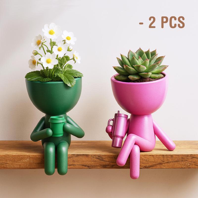 People Planter Set, Plant Buddy Planter, Coffee Cup- Stanley Tumbler, Coffee Lover Planter, Cute Sitting Robert Plant Pot