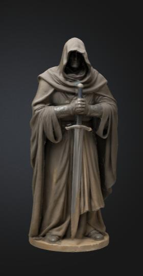 Cloaked man holding a sword wall mounted