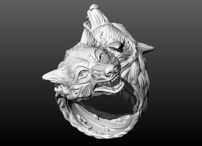 Twin Wolves Fusion Ring With Gems