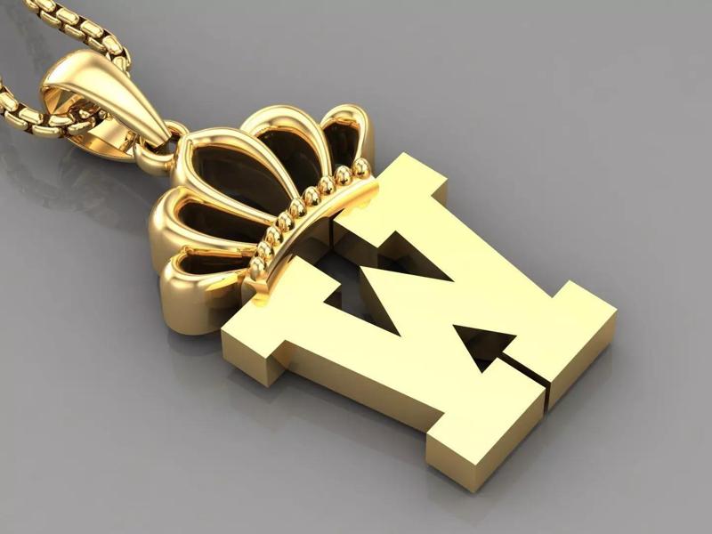 W Crown Letter Initial Pendant in 10kt Yellow Gold Cad Design