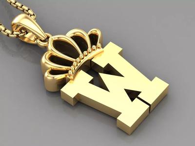 W Crown Letter Initial Pendant in 10kt Yellow Gold Cad Design
