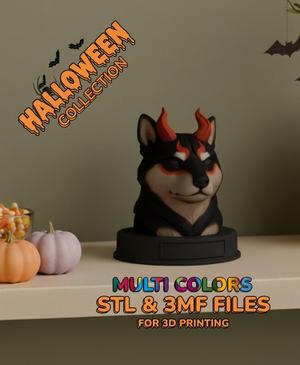 Infernal Shiba Inu Dog Bust - Multicolor Halloween Dog Statue - STL 3MF - 3D Printable Dog Model