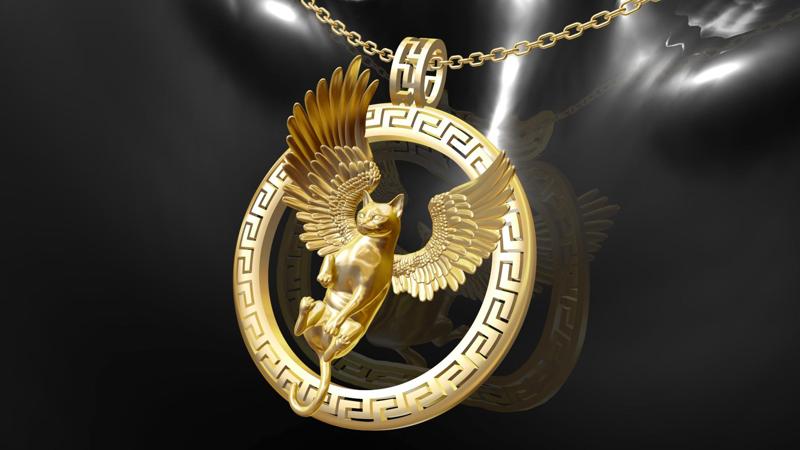 Flying-Cat-Medallion-Statue-Sculpture-pendant-jewelry-gold-3D-print-model