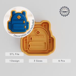 School Bag Cutter & Stamp Set, Cookie & Fondant Decor Tools, 3 Sizes, 6 Pieces