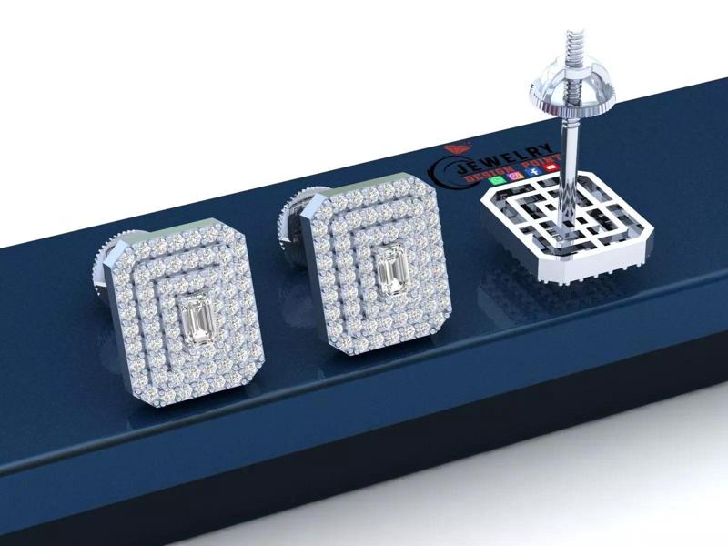 Custom Emerald Shape Stepping Diamond Studs - Earrings 16mm