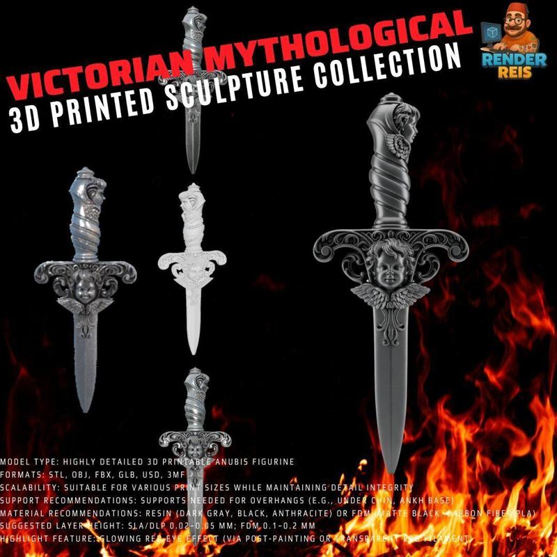 3D Printable Baroque Style Decorative Dagger with Cherub Figures