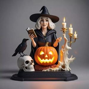 2376Halloween Witch with Skull Raven and Pumpkin