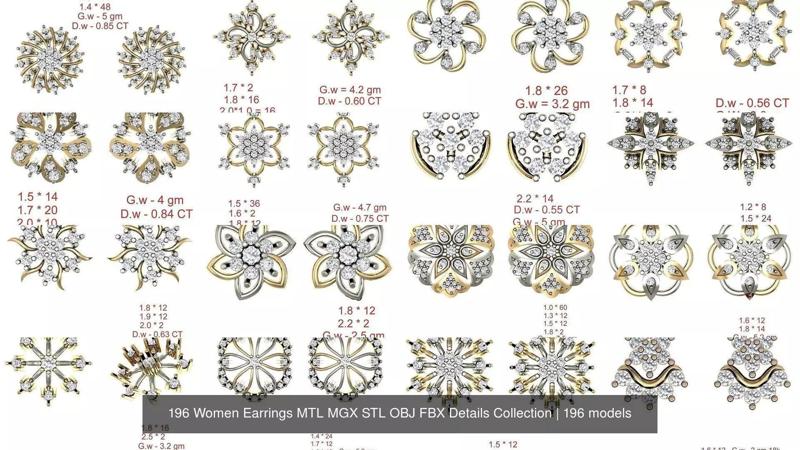 196 Women Earrings MTL MGX STL OBJ FBX Details Collection