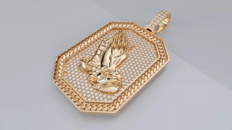 Praying Hands Pendant - Cuban Rim - Diamond Backed