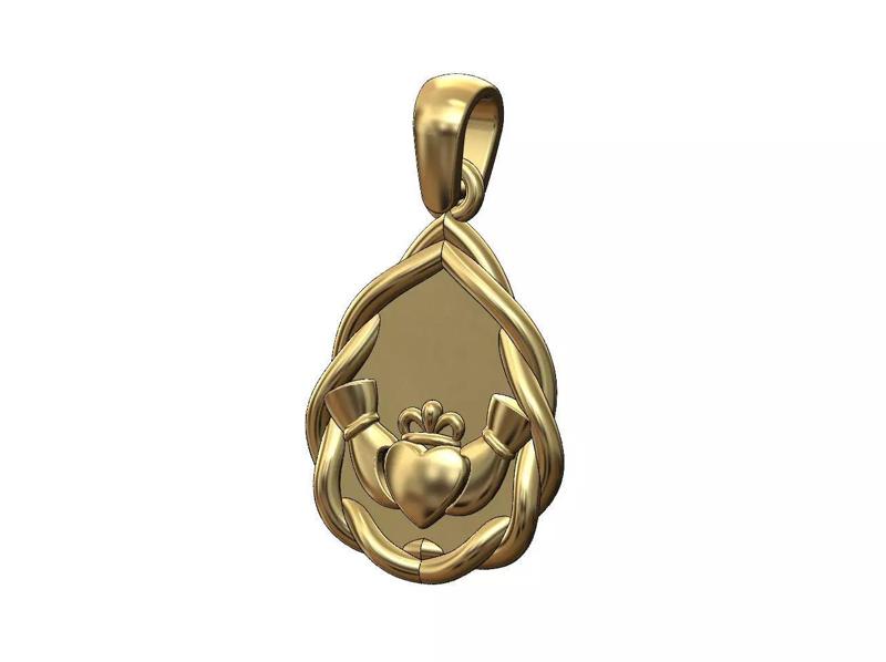 Mirrored wire teardrop Claddagh heart crown pendant charm