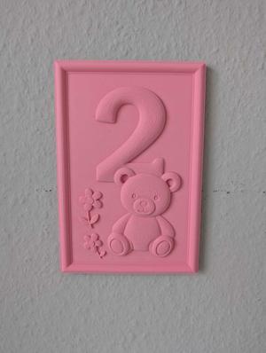 Number 2 with teddy bear - Playful 3D relief for decoration