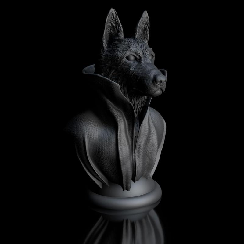 German shepherd dog with collar cape on pedestal