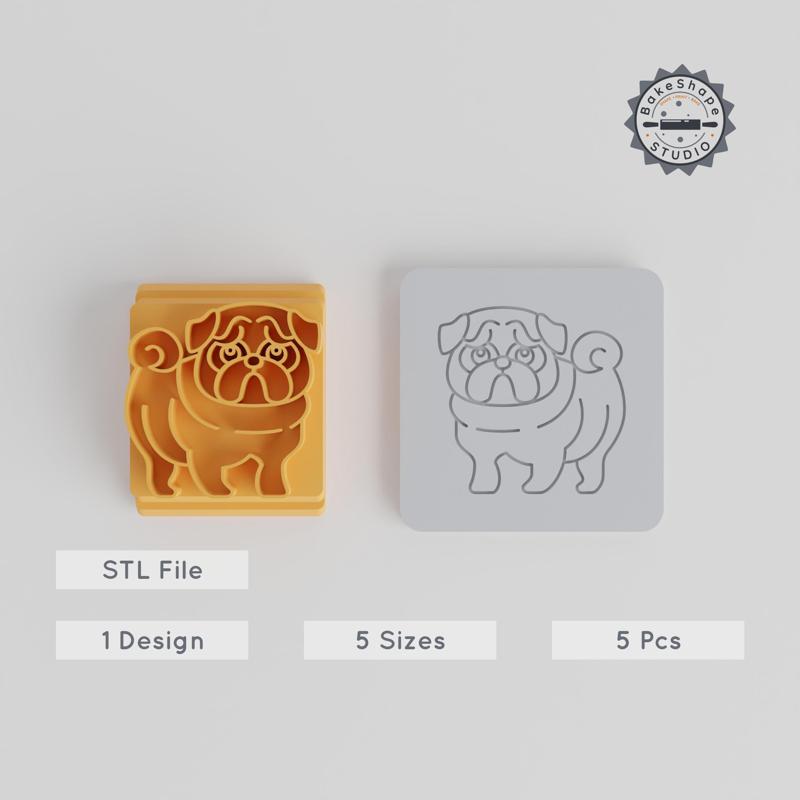 Pug Stamp Tile Set, 5 Sizes, Cute Dog Motif for Clay, Cookies & Fondant