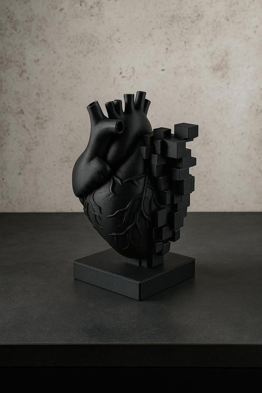 Pixel Heart Sculpture – Matte Black Anatomical Art
