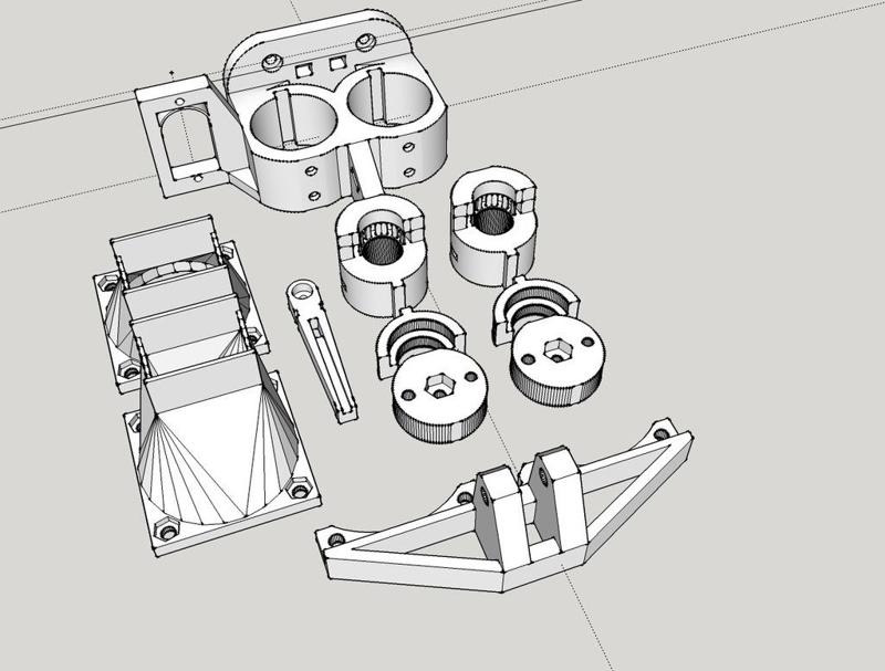 Dual Bowden carrier with servo, and fan mount, set up to take M4 nuts for the bowden tube holder