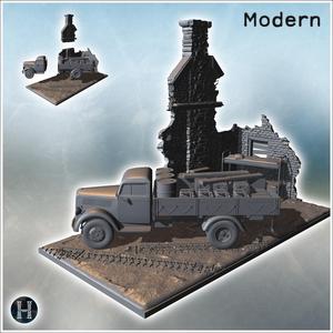 German Open Blitz truck parked beside a ruined building with barrels and equipment (4) - Modern WW2 WW1 World War Diaroma Wargaming RPG Mini Hobby