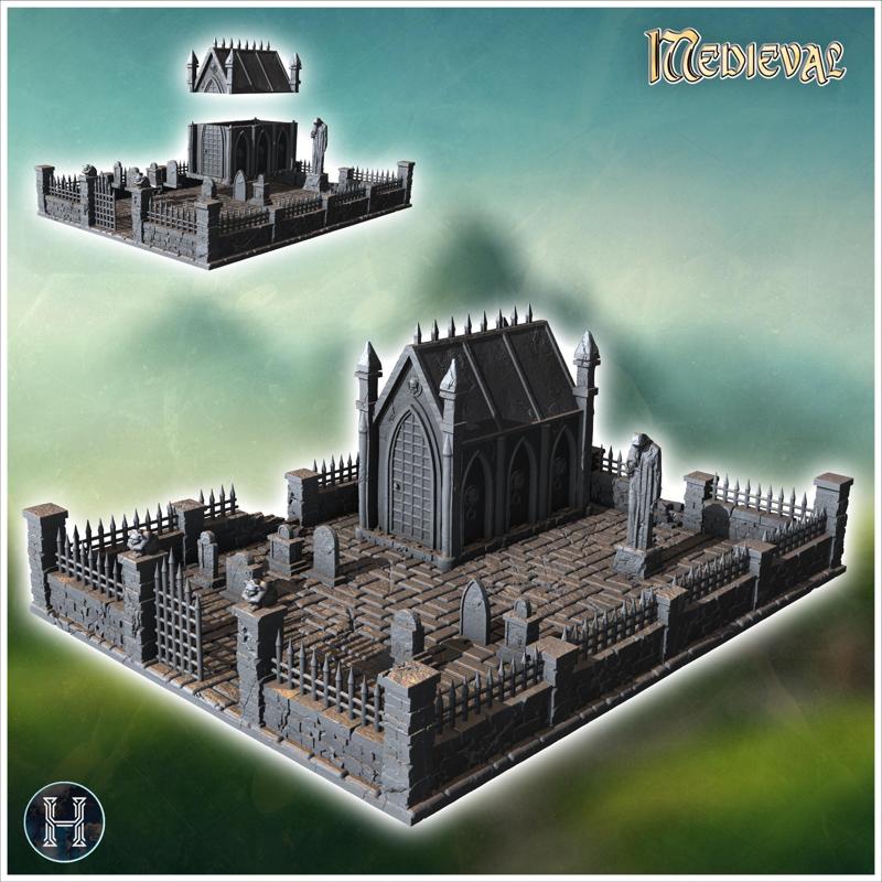 Gothic chapel on a large base surrounded by walls with detailed architecture and multiple spires (12) - Medieval Gothic Feudal Old Archaic Saga 28mm 15mm RPG