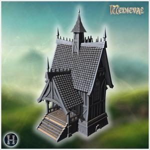 Small church with steep gabled roof, wooden porch, and intricate wooden beams throughout (19) - Medieval Gothic Feudal Old Archaic Saga 28mm 15mm RPG