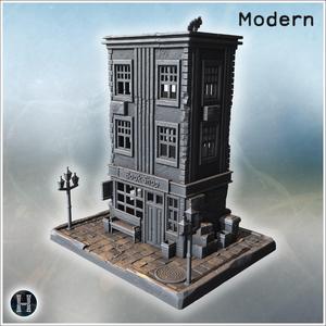 Old bookshop with large windows, brick façade, benches, streetlights, and various exterior details (2) - Modern WW2 WW1 World War Diaroma Wargaming RPG Mini Hobby