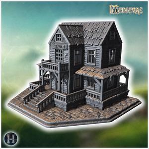 Old wooden tavern with a sign, front porch, balconies, and visible damage on walls and roof (40) - Medieval Gothic Feudal Old Archaic Saga 28mm 15mm RPG