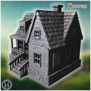 Traditional house with large windows, double gables, and decorative stone walls (63) - Medieval Gothic Feudal Old Archaic Saga 28mm 15mm RPG