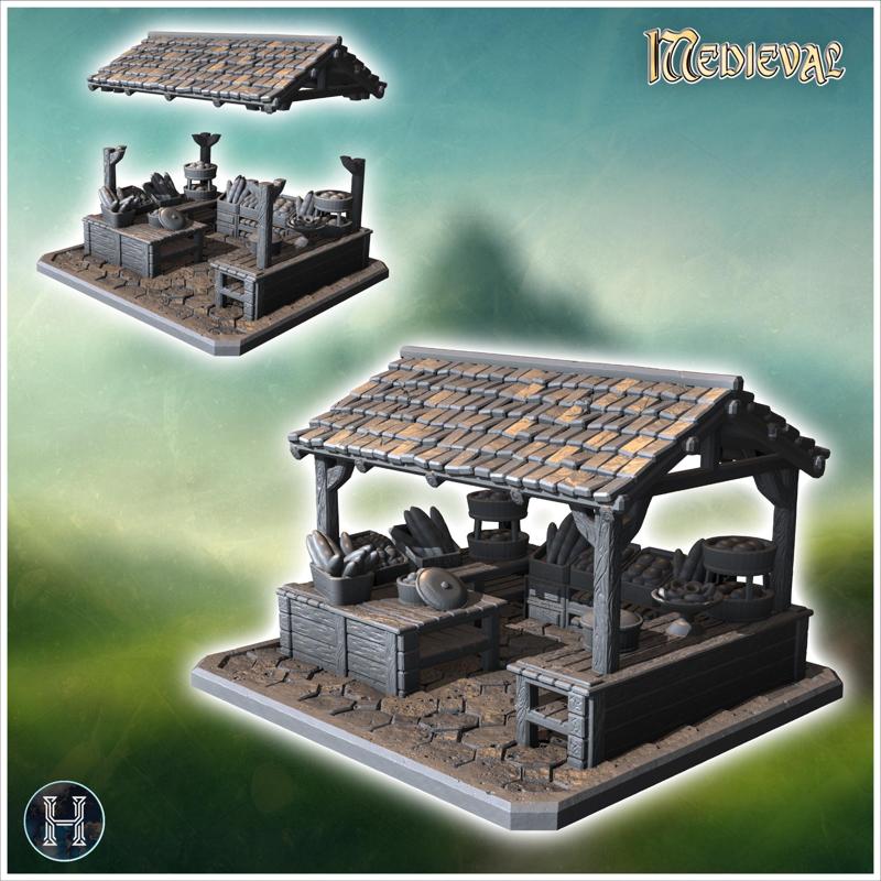Rustic market stall with baskets, barrels, and a tiled roof, displaying various wares (14) - Medieval Gothic Feudal Old Archaic Saga 28mm 15mm RPG