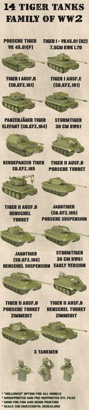STL PACK - 14 TIGER Family Tanks of WW2 + 3 Tankmen (scale 1:56)
