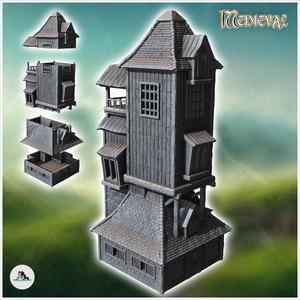 Medieval tower with stone base and raised wooden section (4) - Medieval Gothic Feudal Old Archaic Saga 28mm 15mm RPG