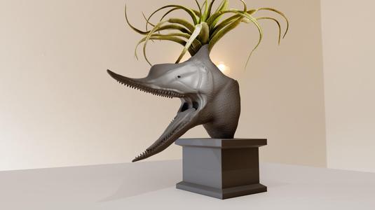 pterodactyl dinosaur roaring head bust planter pot flower vase stl