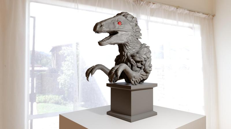 velociraptor dinosaur head bust roaring with arms