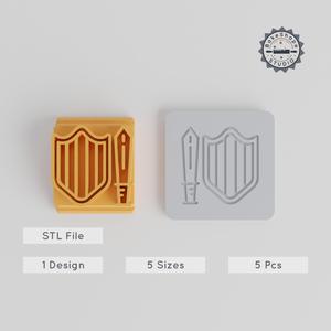 Sword & Shield Stamp Tile Set, 5 Size Motifs for Clay, Cookies, Fondant, Heroic Arms Design PRODUCT_1922
