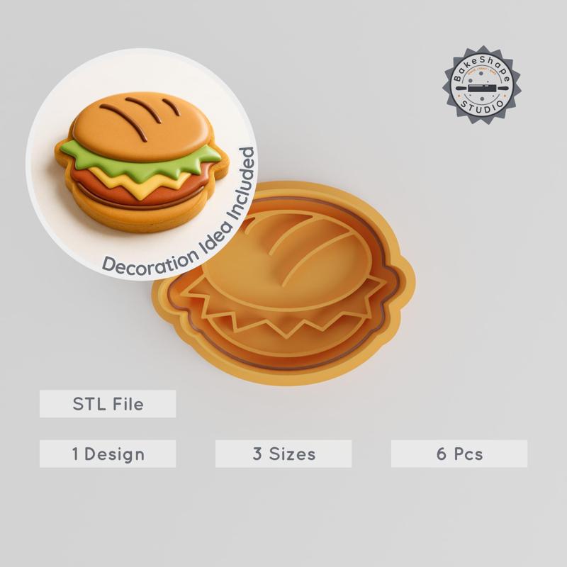 Hamburger Shape Cutter & Stamp Set, Cookie & Fondant, 3 Sizes S/M/L, Fast Food Design STL PRODUCT_541