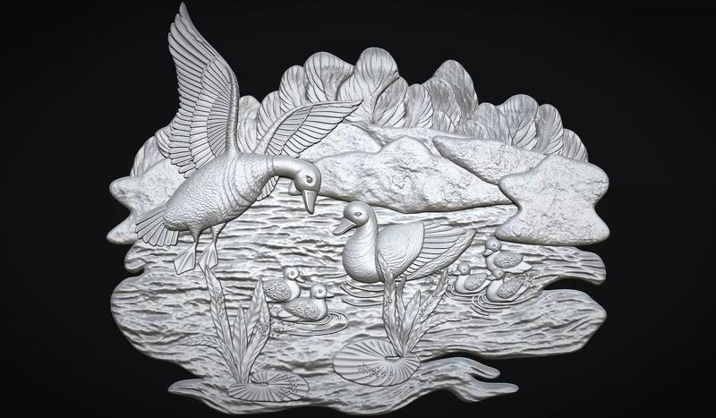 Geese on lake bas relief