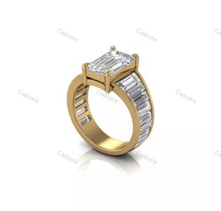 Elegant Emerald-Cut Diamond Ring with Baguette Accents- 3d Model