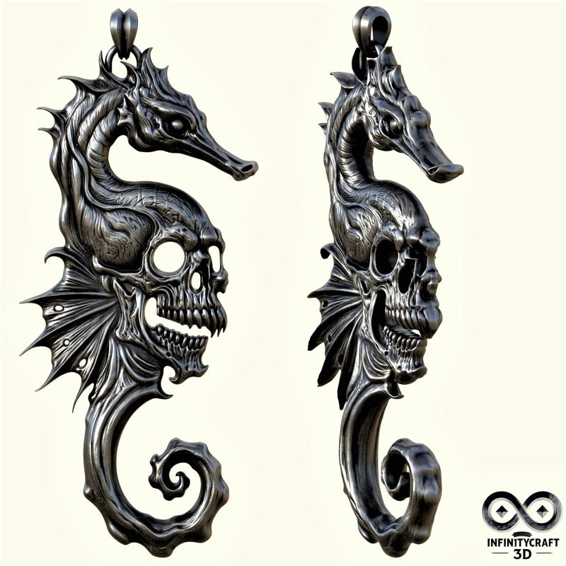 Seahorse Revenant – Dual-Use Gothic Skull Pendant & Wall Relief for 3D Print or CNC