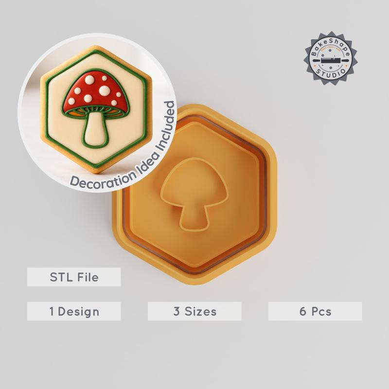 Mushroom Shape Cutter & Stamp, Cookie & Fondant Tool Set, 6-Piece, 3 Sizes, Fantasy Fungi Design