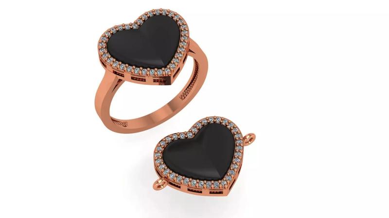 Heart Love Black Enamel Paint Ring Necklace Set