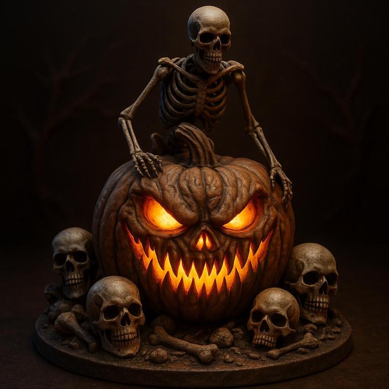 Halloween Horror Diorama – Pumpkin, Skeleton & Skulls
