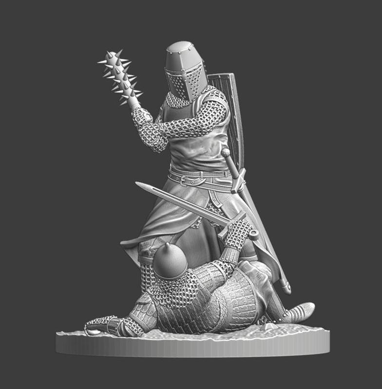 Medieval knight with spiked club fight downed russian warrior