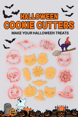 Halloween - 8 cookie cutter set: Pumpkin, Ghost, Witch Hat , Bat, Spiderweb, Skull, Cat, Candy