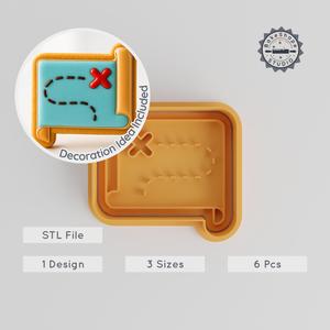 Treasure Map Shape Cutter & Stamp, Pirate Cookie & Fondant Tool, Adventure Design, 3 Sizes, 6-Piece Set