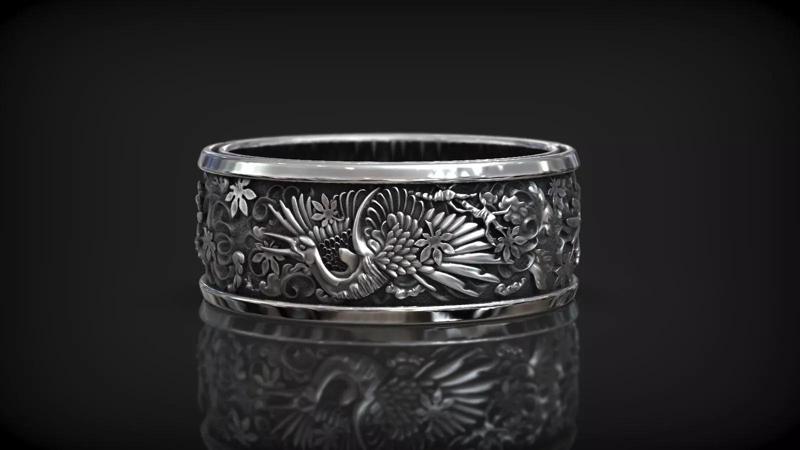Japanese Traditional Crane Bird Wind Leaves Wedding Band