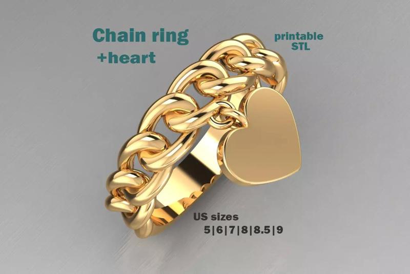 Jewelry chain link ring and heart - printable STL