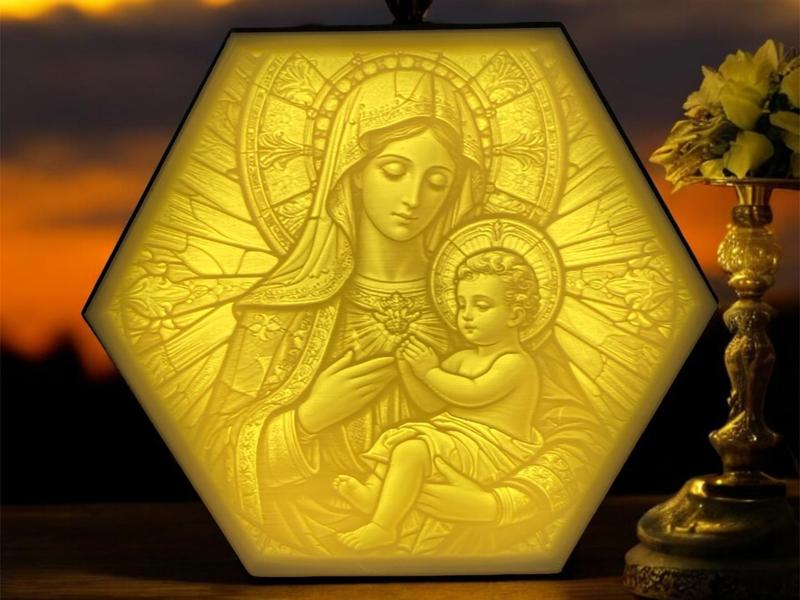 Hexagonal LED RGB Lamp - Jesus - Holy Mary 002