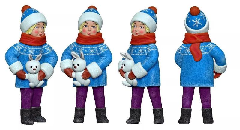 001356 blonde kid in winter jacket with rabbit toy 3dp