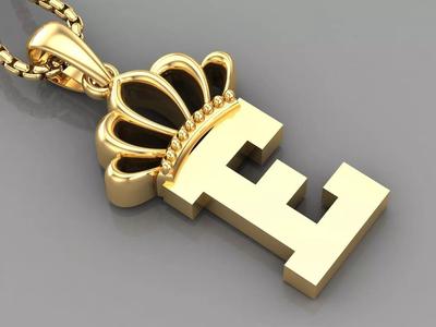 E Crown Letter Initial Pendant in 10kt Yellow Gold Cad Design