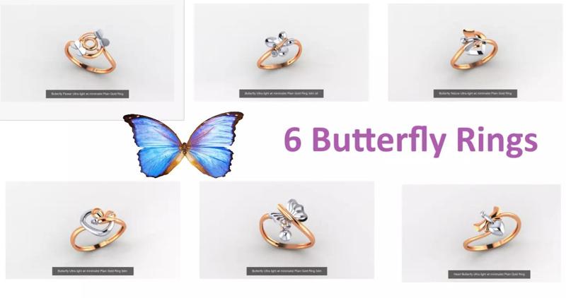 6 Butterfly Flower Ultra light wt minimalist Plain Gold Ring  3D Model Collection