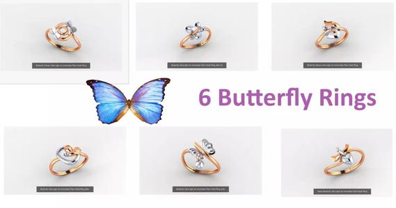 6 Butterfly Flower Ultra light wt minimalist Plain Gold Ring  3D Model Collection