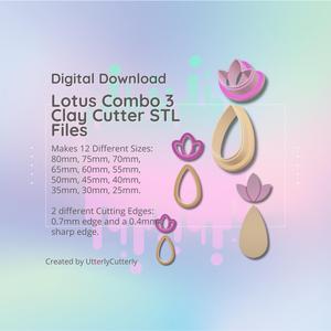 Clay Cutter STL File Lotus Combo 3 - Flower Earring Digital File Download- 12 sizes and 2 Cutter Versions, cookie cutter